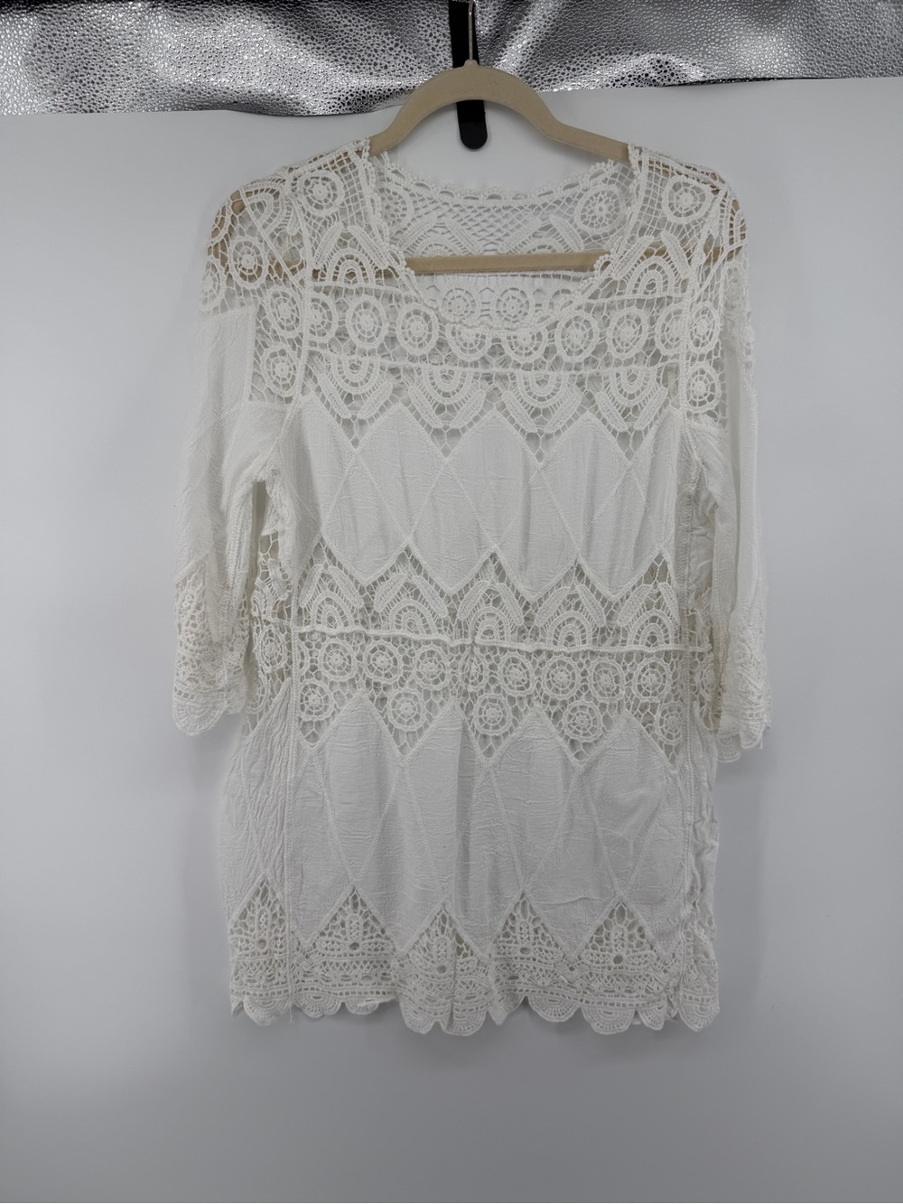 White Crochet Lace Blouse Coquette Fairycore Boho Soft Girl Whimsical Top SzM
